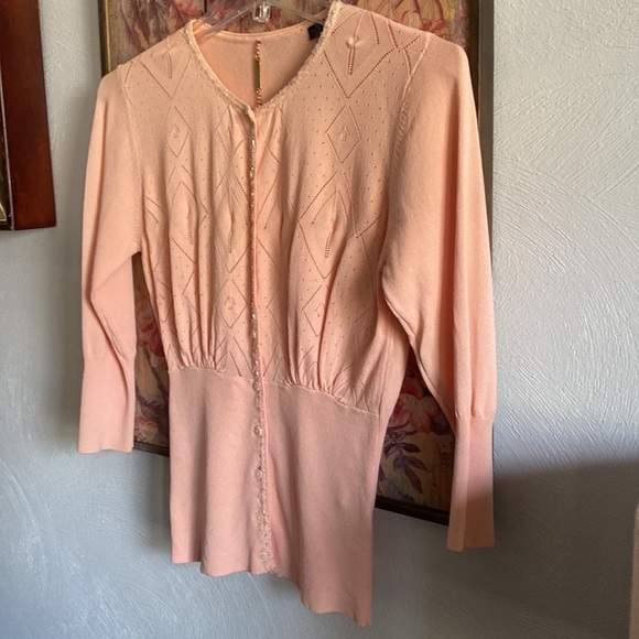 ABS STRETCH BODYCON CARDIGAN SWEATER PEACH BODYCON BEADED EMBELLISHED TOP M - Picture 5 of 12